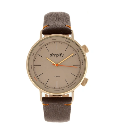 Shop Simplify Quartz The 3300 Gold Case, Genuine Dark Brown Leather Watch 43mm