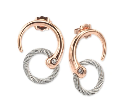 Shop Charriol White Topaz Two-tone Circle Cable Drop Earrings In Pvd Stainless Steel And Rose Gold-tone In Rose Gold/stainless Steel