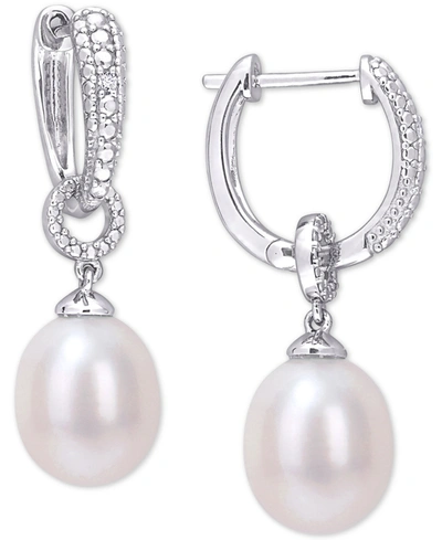 Shop Macy's Cultured Freshwater Pearl (8mm) & Diamond Accent Dangle Hoop Drop Earrings In Sterling Silver
