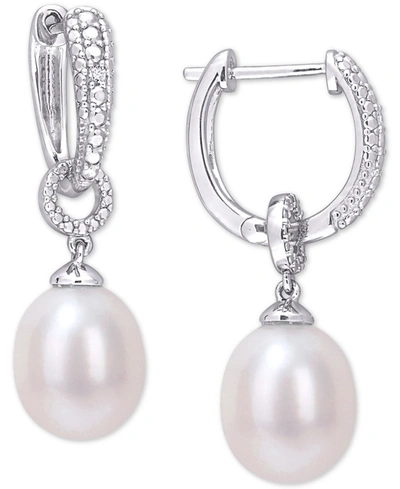 Macy's Cultured Freshwater Pearl (8mm) & Diamond Accent Dangle Hoop Drop Earrings In Sterling Silver In Silver