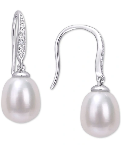 Macy's Cultured Freshwater Pearl (8-1/2mm) & Diamond Accent Drop Earrings In Sterling Silver In Silver