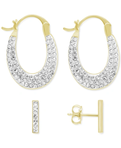 Essentials Crystal Bar Stud Pave Oval Hoop Duo Earring Set, Gold Plate And Silver Plate In Gold