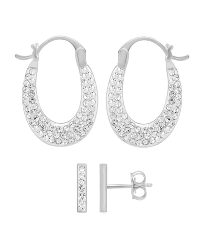 Shop Essentials Crystal Bar Stud Pave Oval Hoop Duo Earring Set, Gold Plate And Silver Plate
