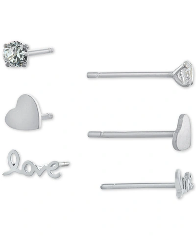 Giani Bernini 3-pc. Set Cubic Zirconia & Love-themed Stud Earrings In Sterling Silver, Created For Macy's In Sterling Silver
