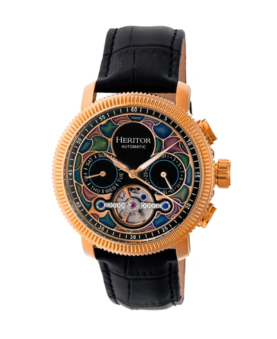 Shop Heritor Automatic Aura Rose Gold & Black Leather Watches 44mm