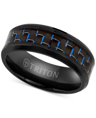 Shop Triton Men's Blue Carbon Fiber Inlay Comfort Fit Band In Black Titanium