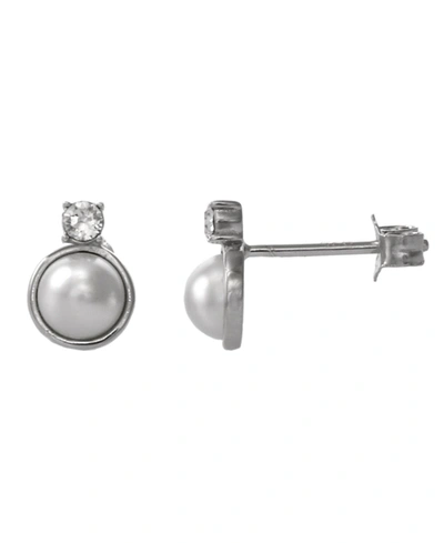 Shop Fao Schwarz Women's Sterling Silver Stud Earrings With Imitation Pearl And Crystal Stone In Silver-tone