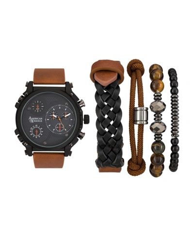 American Exchange Men's Quartz Dial Brown Leather Strap Watch, 48mm And Assorted Stackable Bracelets Gift Set, Set Of In Brown
