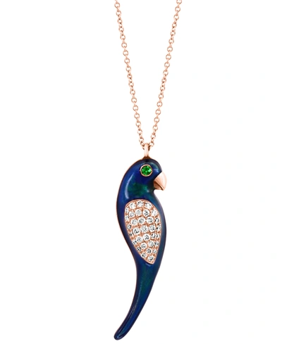 Shop Effy Collection Effy Diamond (1/4 Ct. T.w.), Tsavorite Accent & Blue Enamel Parrot 18" Pendant Necklace In 14k Rose  In Rose Gold