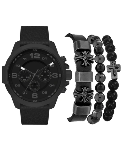 Shop American Exchange Men's Chronograph Dial Quartz Black Leather Strap Watch, 46mm And Assorted Stackable Bracelets Gift 