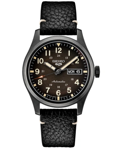 Shop Seiko Men's Automatic 5 Sports Black Leather Strap Watch 43mm