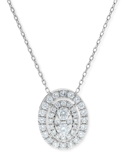 Macy's Diamond Oval Halo Cluster Pendant Necklace (5/8 Ct. T.w.) In 14k White Gold, 16" + 2" Extender In White Gold