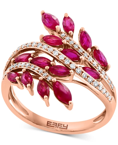 Shop Effy Collection Effy Ruby (1-5/8 Ct. T.w.) & Diamond (1/5 Ct. T.w.) Multirow Diagonal Statement Ring In 14k Rose Gol