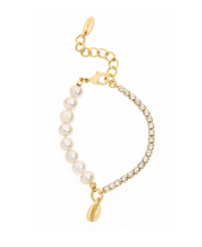 Shop Ettika Cowrie Shell, Cultivated Freshwater Pearl Glass Bracelet In Gold-plated