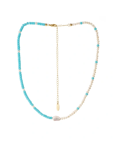 Shop Ettika Easy Beach Day Turquoise And Pearl Necklace In Gold-plated