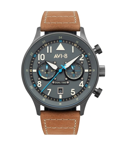 Shop Avi-8 Men's Hawker Hurricane Carey Dual Time Orissa Beige Genuine Leather Strap Watch 43mm