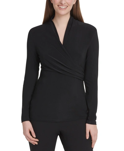 Shop Dkny Petite Surplice Top, Created For Macy's In Black