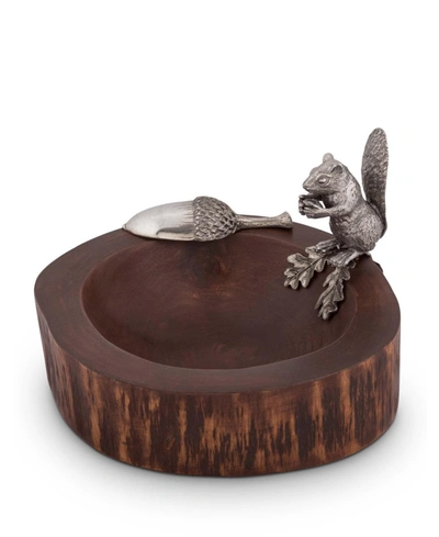 Vagabond House Wood Nut, Candy Bowl With Standing Pewter Squirrel And Metal Pewter Scoop In Pewter