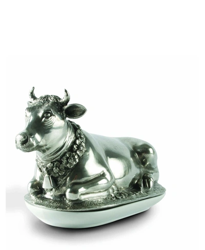 Vagabond House Pewter Metal Mabel The Cow Butter Cream Cheese Dish Lid With Stoneware Tray Base In Pewter