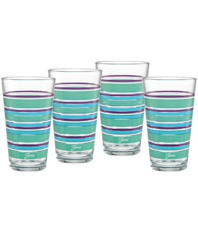 Shop Fiesta Farmhouse Chic Stripes 16-ounce Tapered Cooler Glass Set Of 4 In Turquoise/meadow/mulberry/white