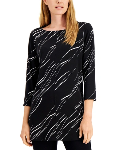 Shop Alfani Petite Printed Boat-neck Tunic Top, Created For Macy's In Black Linear Breeze