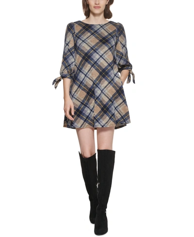 Shop Jessica Howard Petite Plaid A-line Dress In Navy/taupe