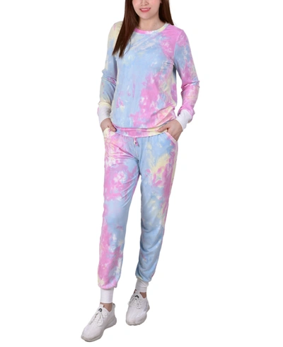 Shop Ny Collection Petite Tie Dyed Joggers Set In Pink-navy-green
