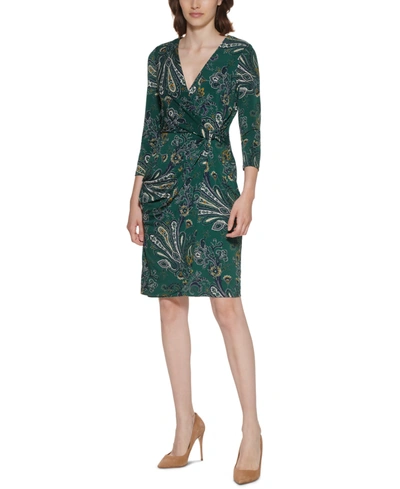 Shop Jessica Howard Petite Printed Faux-wrap Dress In Green Multi