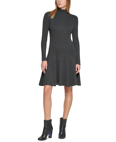 Calvin Klein Metallic Knit Turtleneck Fit & Flare Sweater Dress In Charcoal  | ModeSens