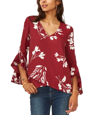 Shop Vince Camuto Petite Flutter Sleeve Floral Whisps V- Neck Tunic In Earth Red