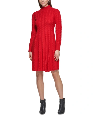 Shop Jessica Howard Petite Mock-neck Cable-knit Sweater Dress In Red