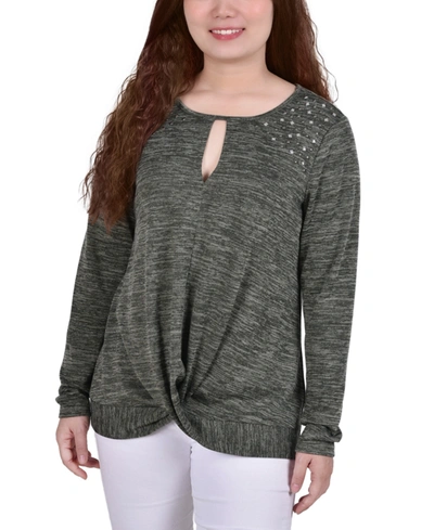 Shop Ny Collection Petite Long Sleeve Knit Keyhole Top In Olive