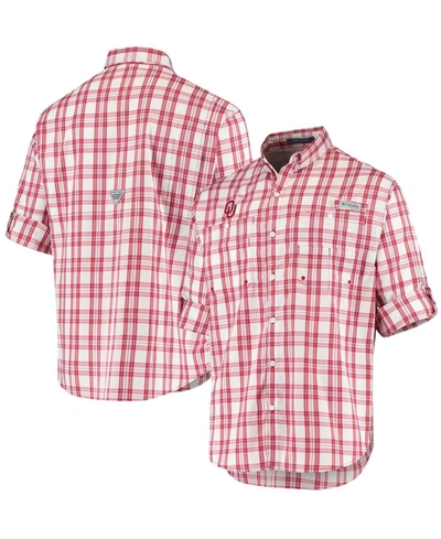 Shop Columbia Men's Oklahoma Sooners Gingham Collegiate Super Tamiami Omni-shade Shirt In Crimson