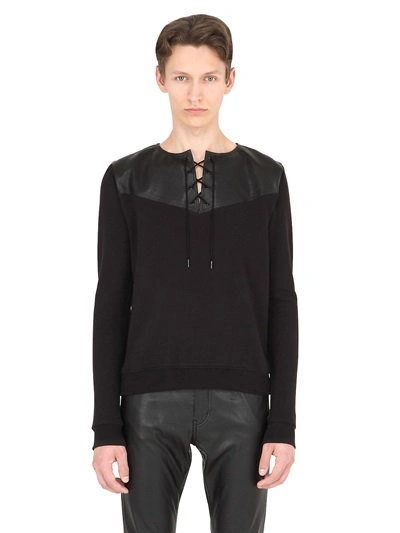 Saint Laurent Leather & Cotton Sweatshirt In Black