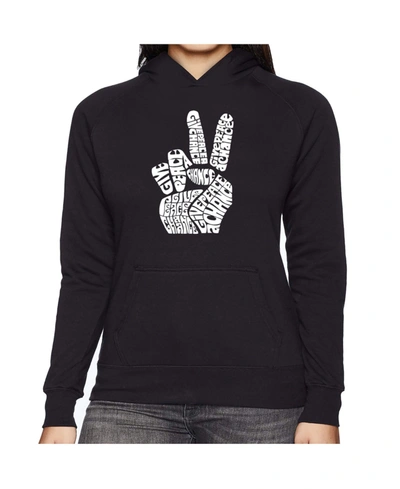 Shop La Pop Art Women's Word Art Hooded Sweatshirt -peace Fingers In Purple