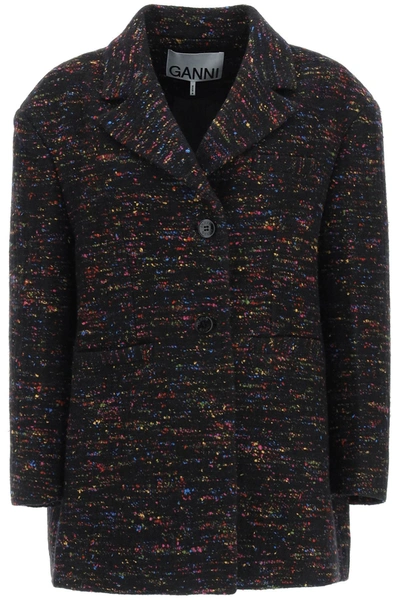 Shop Ganni Oversized Wool Blend Tweed Jacket In Black (black)