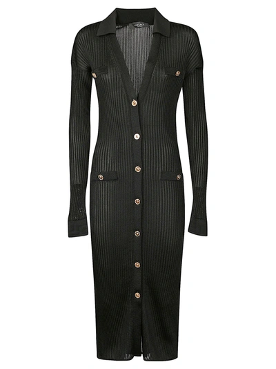 Shop Versace Ribbed Buttoned Dress In Black