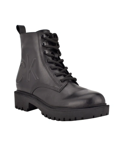 Shop Calvin Klein Women's Kamry Lace Up Logo Lug Sole Combat Booties Women's Shoes In Black Leather