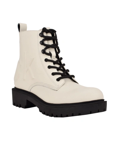 Shop Calvin Klein Women's Kamry Lace Up Logo Lug Sole Combat Booties Women's Shoes In Cream Leather