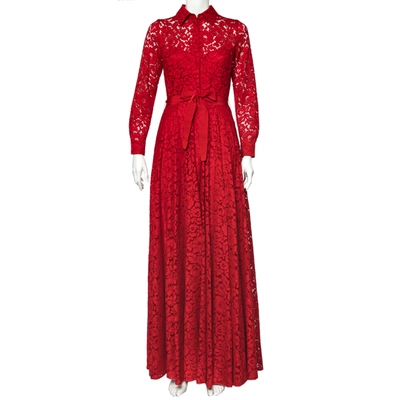 Pre-owned Ch Carolina Herrera Red Floral Lace Buttoned Maxi Shirt Dress S