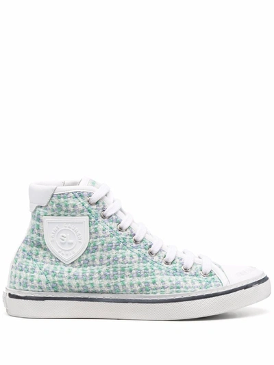 Shop Saint Laurent Tweed Logo Patch Sneakers In Green