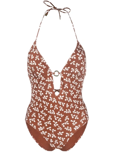 Shop Tory Burch Foliage-print Tie-fastening Swimsuit In Braun