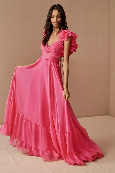 Shop Mac Duggal Indy A-line Ruffled Back-lace Chiffon Gown In Pink