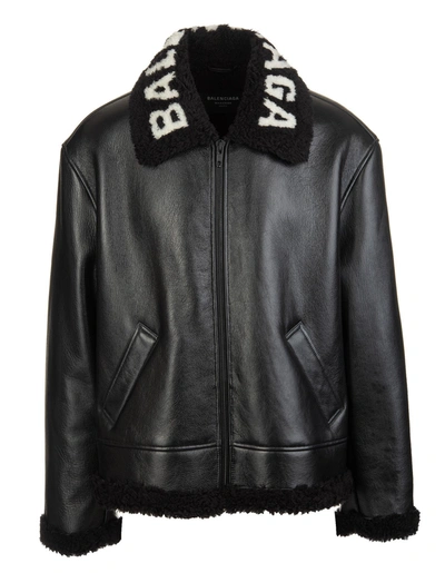 Shop Balenciaga Cocoon Aviator Shearling Jacket In Black