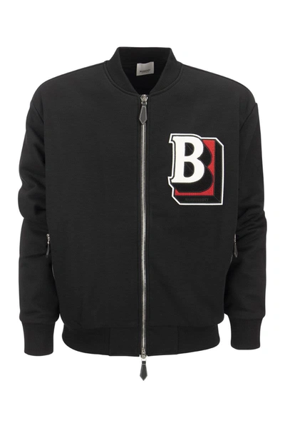 Shop Burberry Cotton Blend Bomber Jacket With Letter "b" In Black