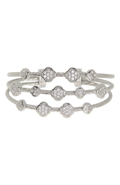 Meshmerise Stainless Steel Pave Cz Station Twisted Triple Cable Bangle Bracelet In White