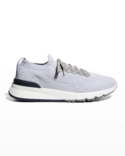 Shop Brunello Cucinelli Men's Active Knit Trainer Sneakers In Blue