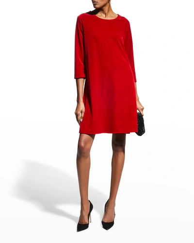 Shop Caroline Rose Round-neck 3/4-sleeve A-line Stretch-velvet Dress In Ruby
