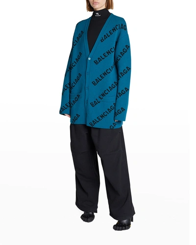 Shop Balenciaga Oversized Wool Logo Cardigan In Blu/nero