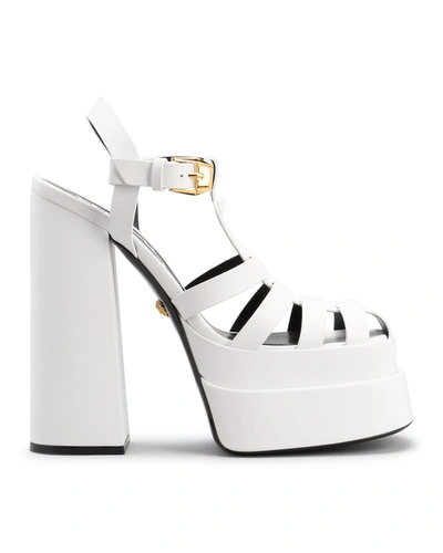Shop Versace La Medusa Platform Sandals In White Gold